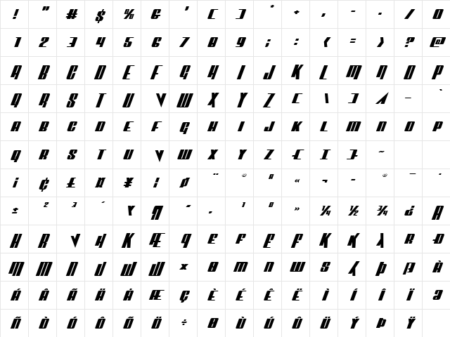 Vindicator Expanded Italic Expanded Italic Character Map