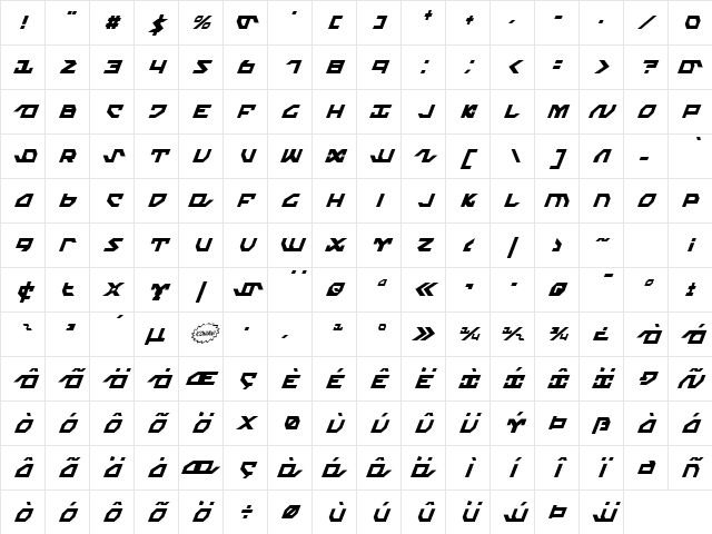 Nightrunner Extra-Condensed Italic Extra-Condensed Italic Character Map