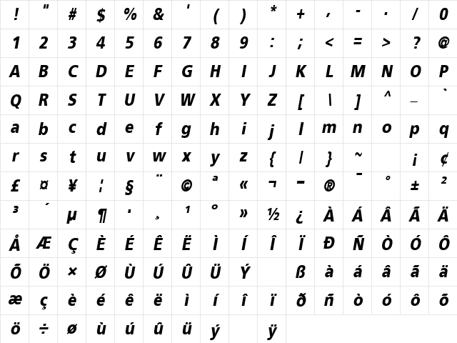 VirtualBlack Oblique Character Map