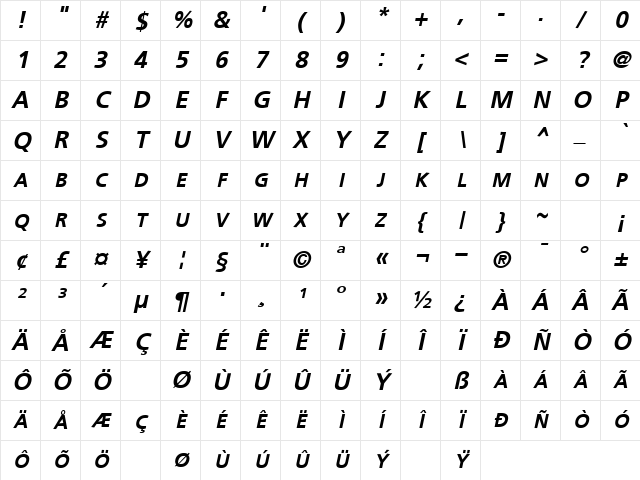 VirtueExpert Bold-Oblique Character Map
