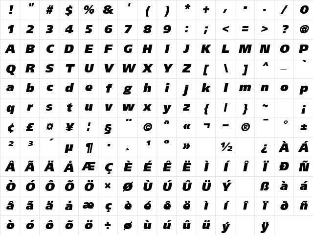 VirtueUltra Oblique Character Map