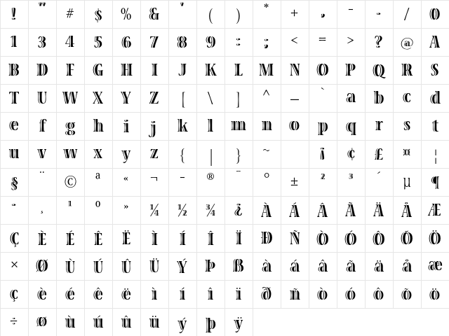 Viva Std Bold Condensed Character Map