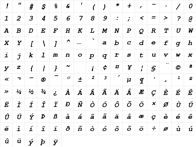NimbusMonL Bold Oblique Character Map