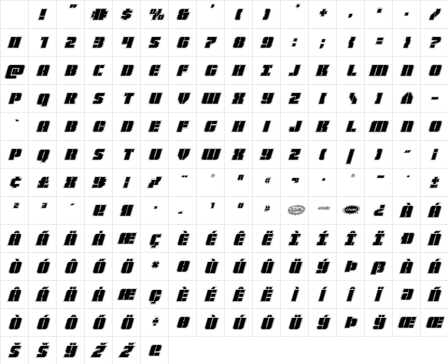 Warp Thruster Academy Italic Character Map