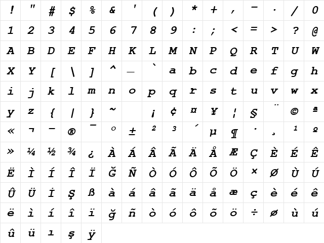 NimbusMonLTU Bold Italic Character Map