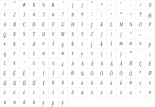 Wentworth Condensed Italic Character Map