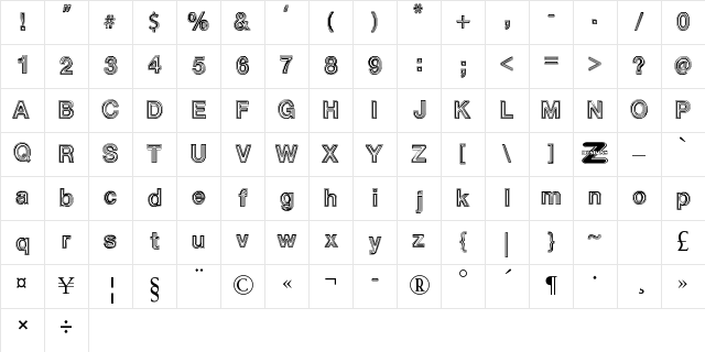 White Outlines Regular Character Map