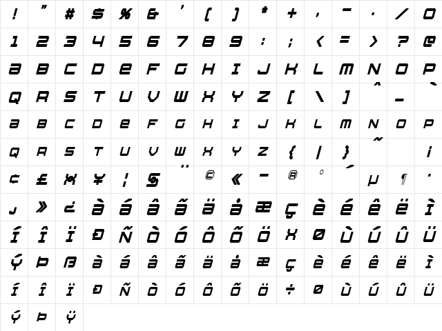 Whittle Condensed Italic Character Map