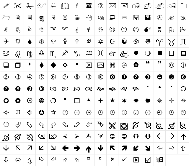 Wingdings Regular Character Map