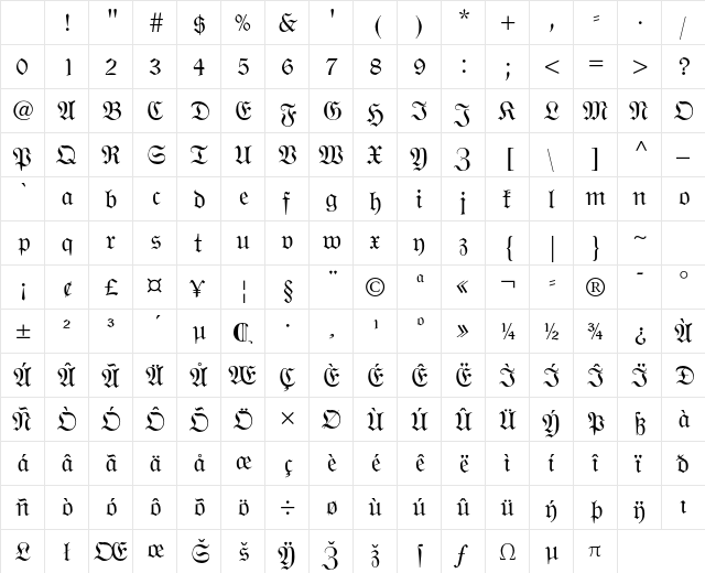 Wittenberger Fraktur MT Std Regular Character Map Wittenberger Fraktur MT Std Regular Character Map