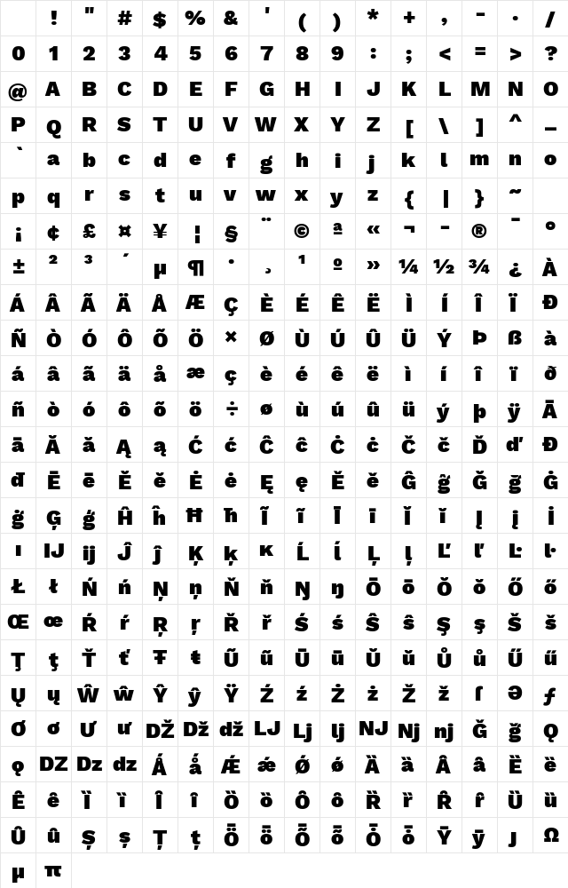Work Sans Black Regular Character Map