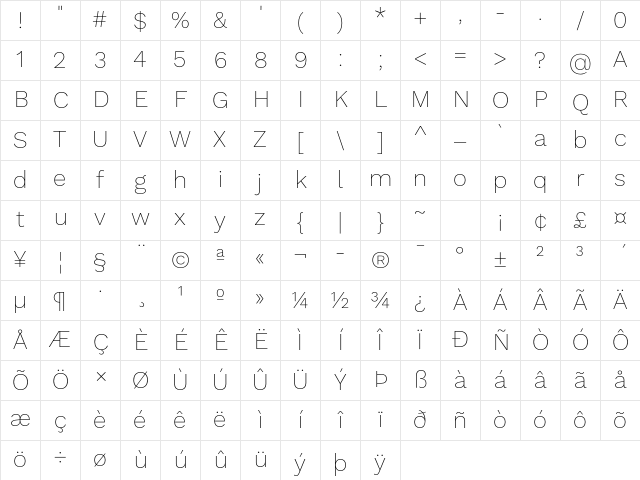 Work Sans ExtraLight Character Map