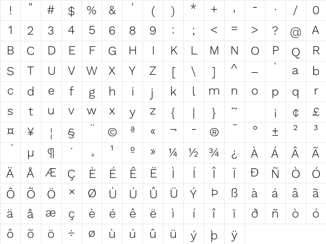 Work Sans Light Character Map