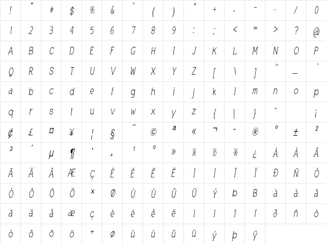 Worship Condensed Italic Character Map