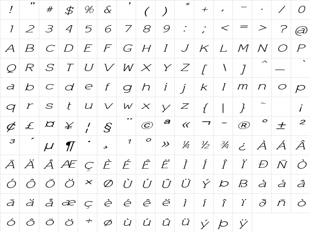Worship Extra-expanded Italic Character Map
