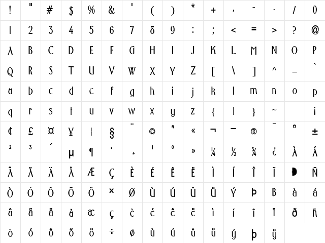 Wright-Condensed Bold Character Map