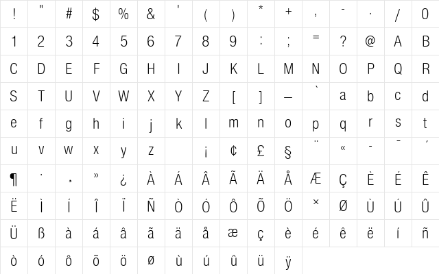 NimbusSanDLigConRo1 Regular Character Map