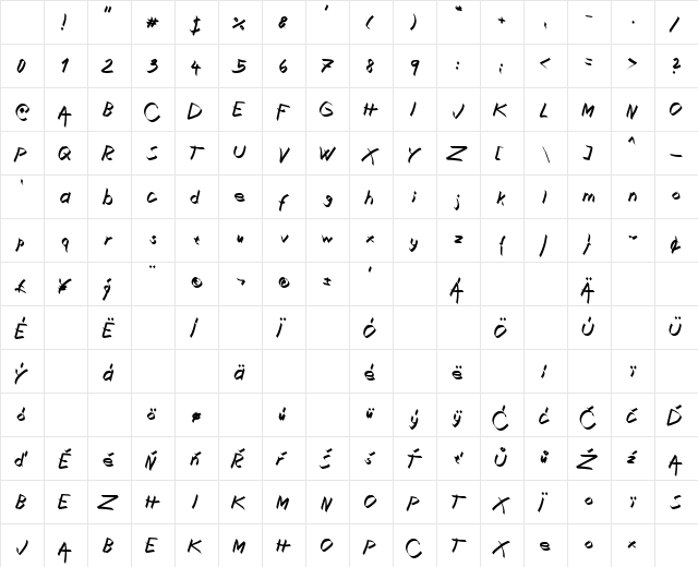 Xaligraphy Italic Character Map