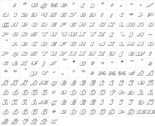 Xcelsion 3D Italic Italic Character Map