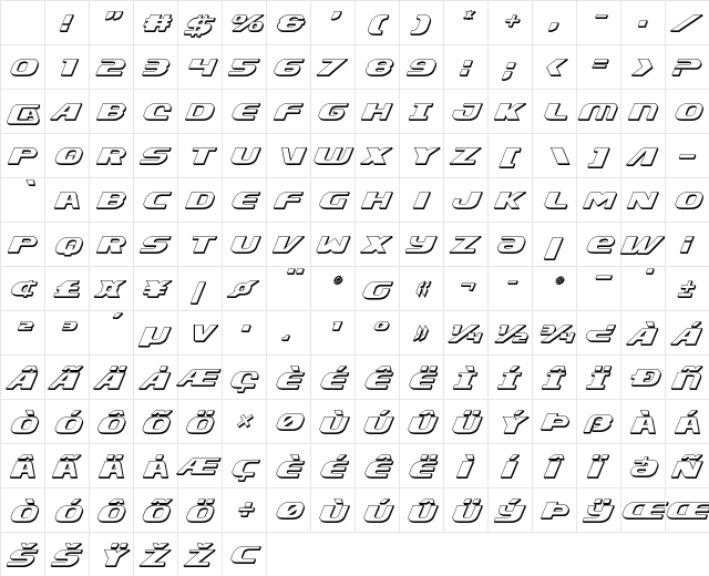Xcelsion Deep 3D Italic Italic Character Map