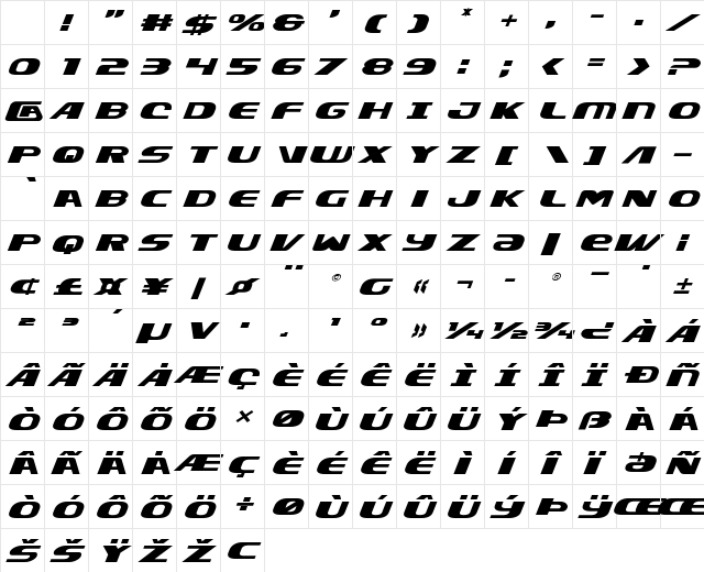 Xcelsion Expanded Italic Expanded Italic Character Map