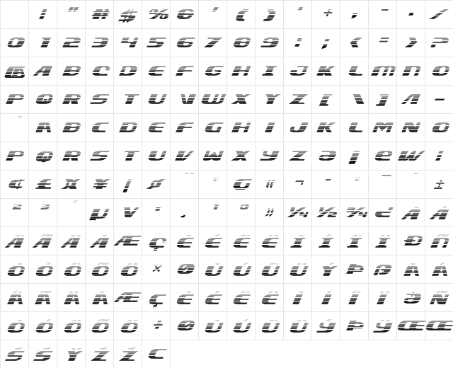 Xcelsion Gradient Italic Italic Character Map