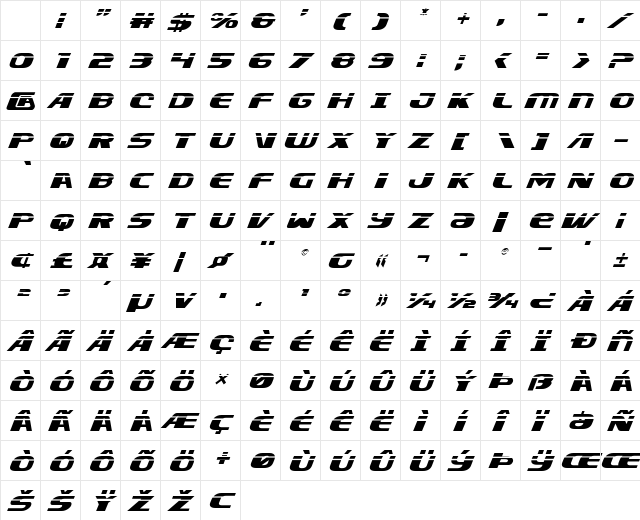 Xcelsion Laser Italic Italic Character Map