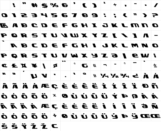 Xcelsion Leftalic Italic Character Map