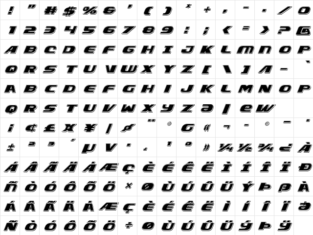 Xcelsion Punch Italic Italic Character Map