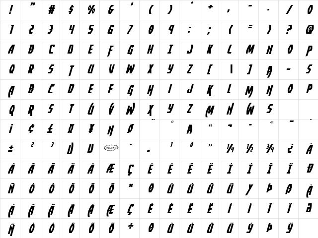 Yankee Clipper Expanded Italic Expanded Italic Character Map