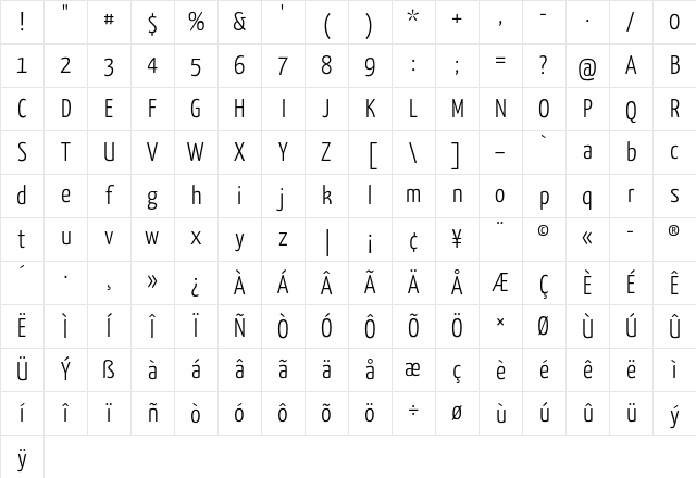 Yanone Kaffeesatz Light Character Map