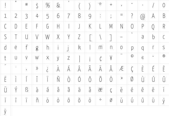 Yanone Kaffeesatz Thin Character Map