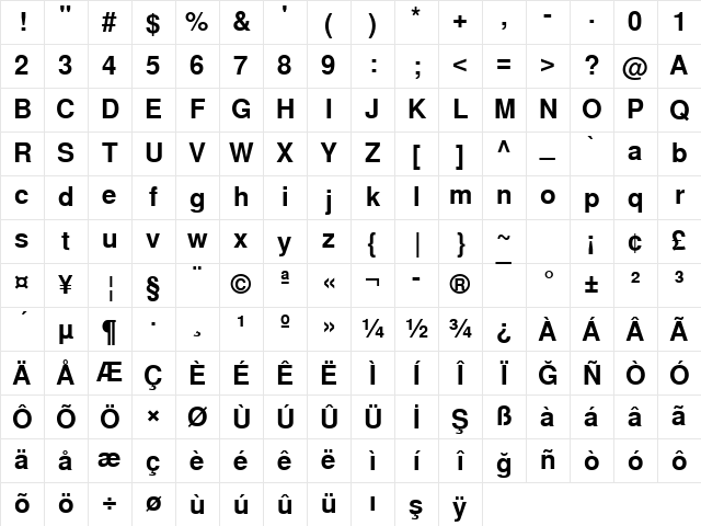 NimbusSanLTU Bold Character Map