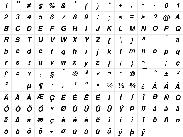 NimbusSanLUN Bold Italic Character Map NimbusSanLUN Bold Italic Character Map