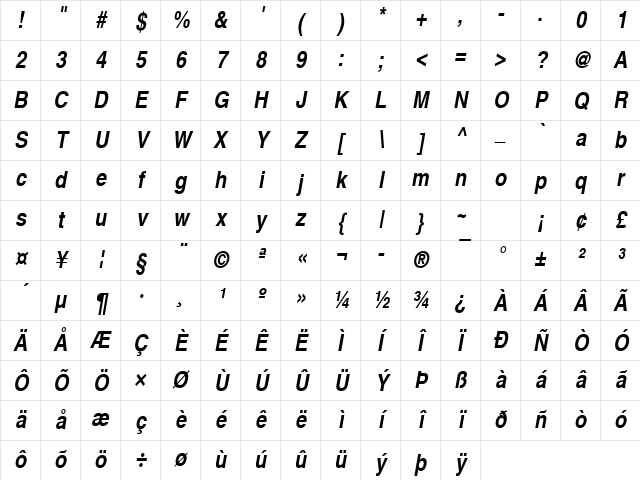 NimbusSanLUNCon Bold Italic Character Map
