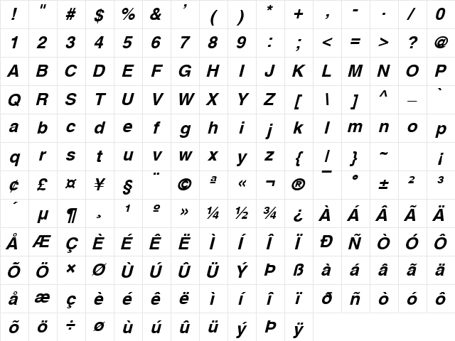 Yoxall Bold Italic Character Map