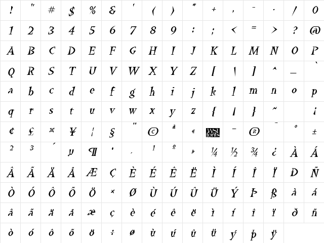 Yucatan Italic Character Map Yucatan Italic Character Map