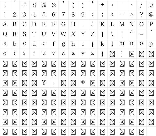 Yutuki 36PoKana Std W2 Character Map Yutuki 36PoKana Std W2 Character Map