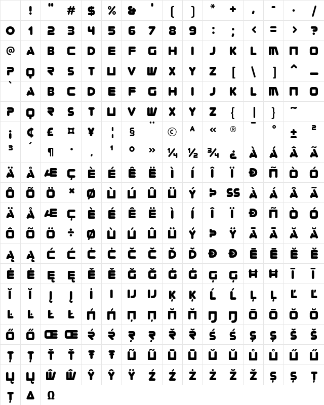 Zorque Regular Character Map