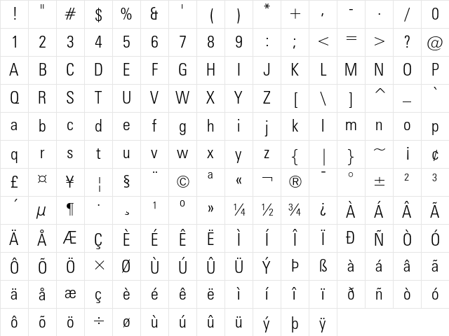 Zurich Light Condensed Character Map