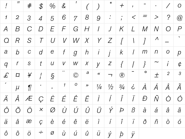 Akzidenz-Grotesk BQ Light Italic with OldStyle Figures Character Map Akzidenz-Grotesk BQ Light Italic with OldStyle Figures Character Map