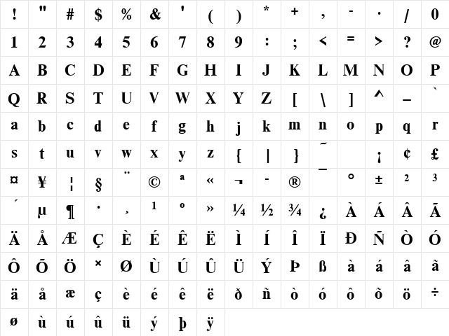 Nimbus Roman Becker D Bold Character Map