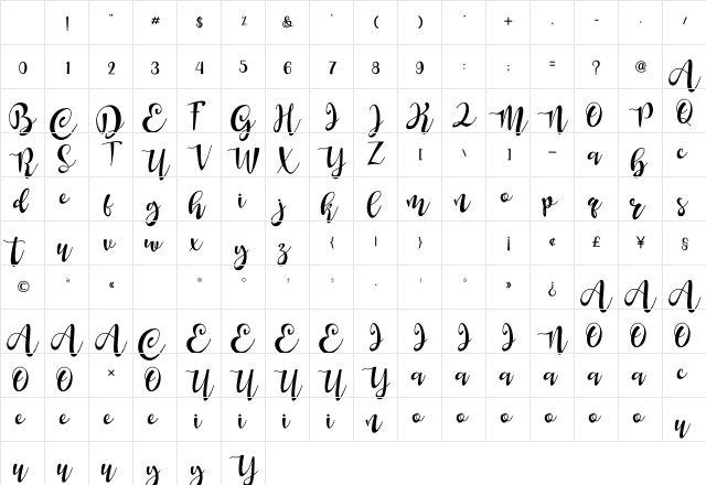 Aunten Bedany Regular Character Map Aunten Bedany Regular Character Map