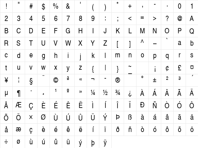 Nimbus Sans Becker LCon Regular Character Map