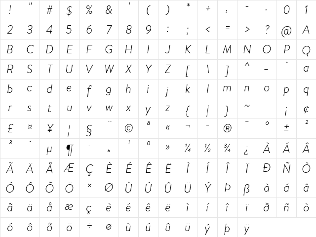 Brandon Text Light Italic Character Map