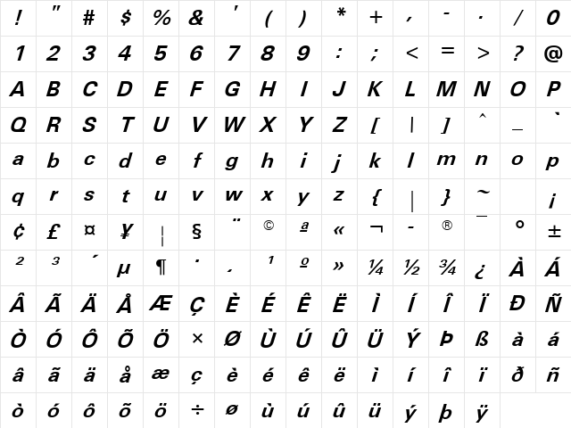 Utah BoldOblique Character Map