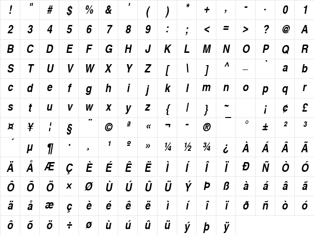 Nimbus Sans Becker LCon Bold Italic Character Map