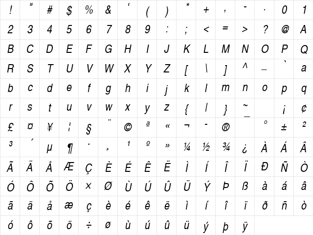 Nimbus Sans Becker LCon Italic Character Map