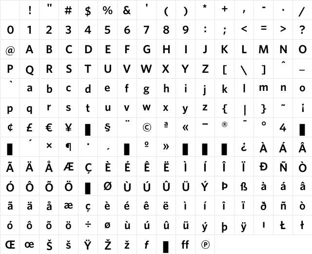 Whitney Semibold Character Map