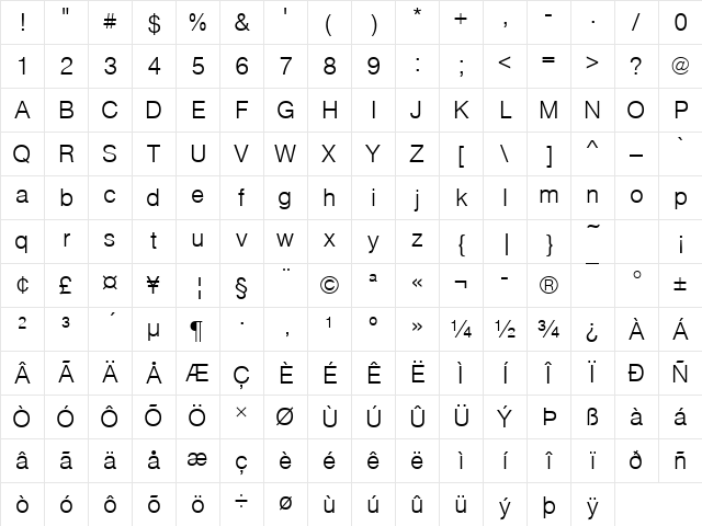 Nimbus Sans Becker TLig Regular Character Map